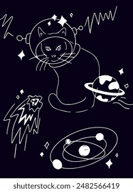 Dark Space Cat Doodle. Vector Illustration of the Stars and Planets Pet. Galaxy Sketch Style.