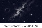 Dark space with many white dots forming a milky way like structure. Galaxy background with planet and stars, cosmic illustration for science.