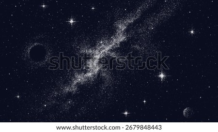 Dark space with many white dots forming a milky way like structure. Galaxy background with planet and stars, cosmic illustration for science.