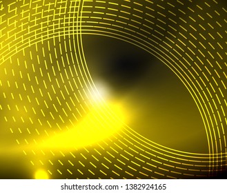Dark space with neon color glowing lights abstract background. Vector techno circles template