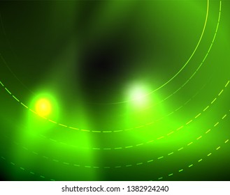 Dark space with neon color glowing lights abstract background. Vector techno circles template