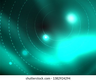 Dark space with neon color glowing lights abstract background. Vector techno circles template