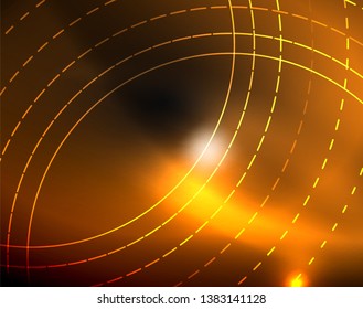 Dark space with neon color glowing lights abstract background. Vector techno circles template