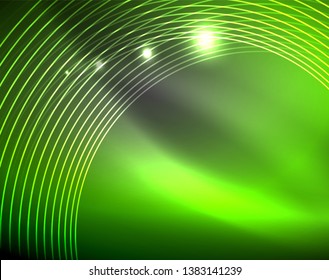 Dark space with neon color glowing lights abstract background. Vector techno circles template