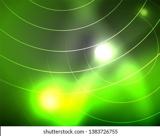 Dark space with neon color glowing lights abstract background. Vector techno circles template