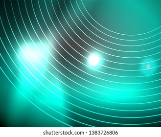 Dark space with neon color glowing lights abstract background. Vector techno circles template