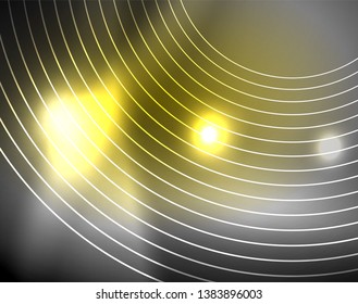 Dark space with neon color glowing lights abstract background. Vector techno circles template