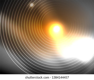 Dark space with neon color glowing lights abstract background. Vector techno circles template