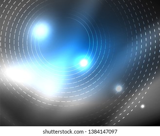Dark space with neon color glowing lights abstract background. Vector techno circles template