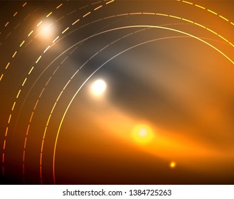 Dark space with neon color glowing lights abstract background. Vector techno circles template
