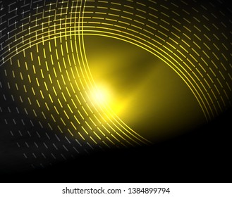 Dark space with neon color glowing lights abstract background. Vector techno circles template