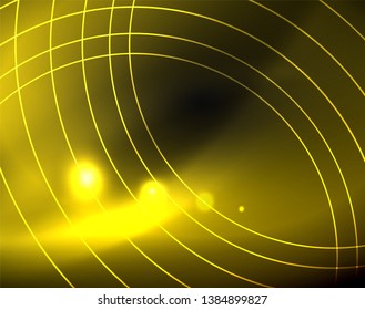 Dark space with neon color glowing lights abstract background. Vector techno circles template