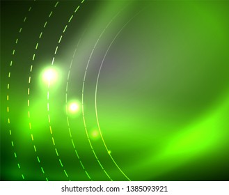 Dark space with neon color glowing lights abstract background. Vector techno circles template