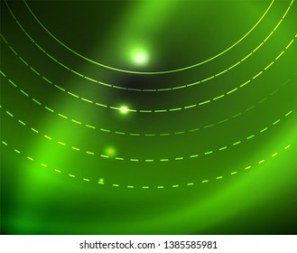Dark space with neon color glowing lights abstract background. Vector techno circles template