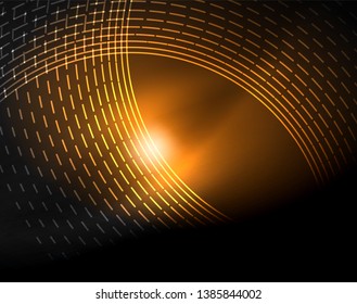 Dark space with neon color glowing lights abstract background. Vector techno circles template