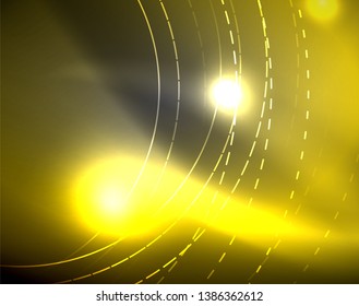 Dark space with neon color glowing lights abstract background. Vector techno circles template