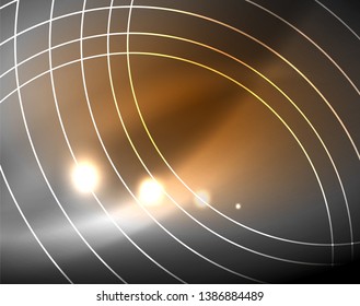Dark space with neon color glowing lights abstract background. Vector techno circles template