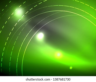 Dark space with neon color glowing lights abstract background. Vector techno circles template