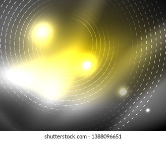 Dark space with neon color glowing lights abstract background. Vector techno circles template
