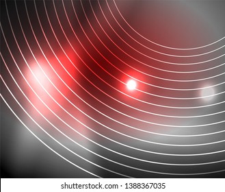 Dark space with neon color glowing lights abstract background. Vector techno circles template