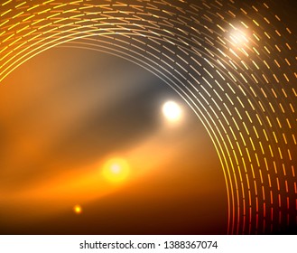 Dark space with neon color glowing lights abstract background. Vector techno circles template
