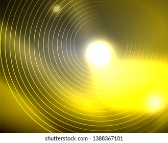 Dark space with neon color glowing lights abstract background. Vector techno circles template