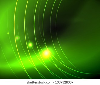 Dark space with neon color glowing lights abstract background. Vector techno circles template