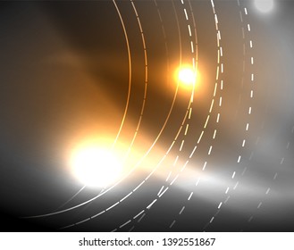 Dark space with neon color glowing lights abstract background. Vector techno circles template