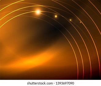 Dark space with neon color glowing lights abstract background. Vector techno circles template