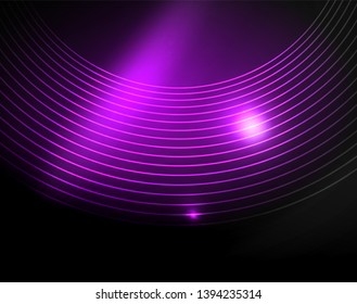 Dark space with neon color glowing lights abstract background. Vector techno circles template