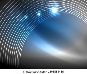 Dark space with neon color glowing lights abstract background. Vector techno circles template