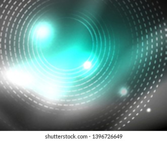 Dark space with neon color glowing lights abstract background. Vector techno circles template