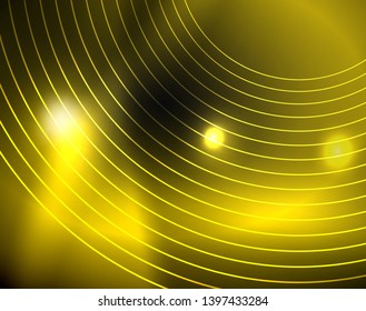 Dark space with neon color glowing lights abstract background. Vector techno circles template