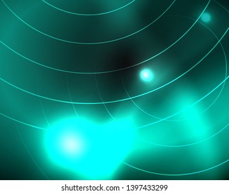 Dark space with neon color glowing lights abstract background. Vector techno circles template
