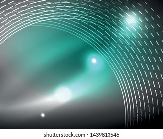 Dark space with neon color glowing lights abstract background. Vector techno circles template
