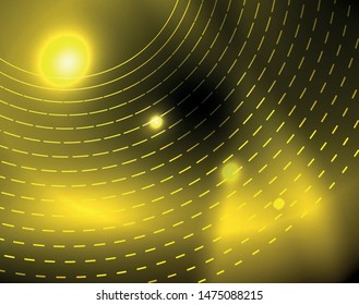 Dark space with neon color glowing lights abstract background. Vector techno circles template