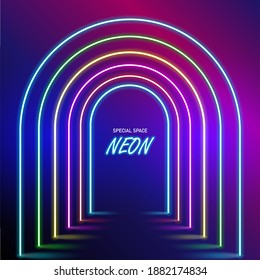 Dark space, neon tunnel of various colors