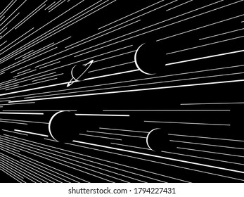 Dark space with planets. Universe and light rays. Huge planets in cosmos. Vector line art.