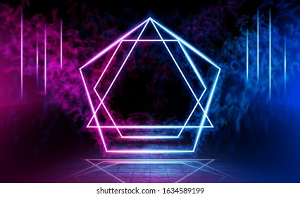Dark space, reflection of blue and pink neon light on a tiled floor. Neon sign in the center. Rays of light in the dark, smoke. Mystical portal. Abstract futuristic background. Vector.
