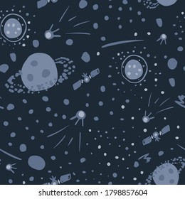 Dark space seamless pattern with planets, stars and satellites. Navy blue background. Stylized cosmic artwork. Great for wallpaper, textile, wrapping paper, fabric print. Vector illustration.