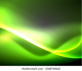 Dunkler Raum mit glänzenden Neonlichtwellen. Abstraktes Concept-Grafikelement. Vektorneonhintergrund. Technischer Hintergrund. Schwarzer Hintergrund.