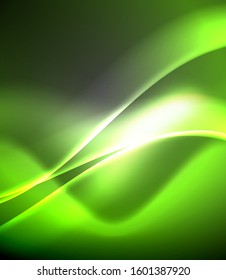 Dark space with shiny neon light motion waves. Abstract concept graphic element. Vector neon background. Technology background. Black background.