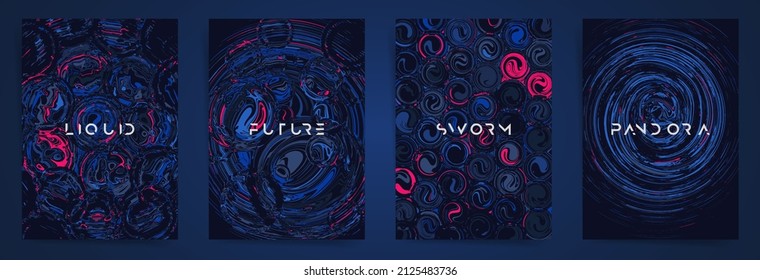 Dark space universe minimal template design with typography for poster, flyer, event brochure, placard, presentation or cover. Black blue pink acid colors, circles and twists brutal background shapes 
