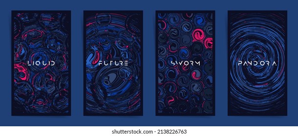 Dark space universe minimal template design with typography for stories, posts, event brochure, poster, presentation or cover. Black blue pink acid colors, circles and twists brutal background shapes	