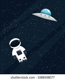 Dark space vector background with stars, spaceman and UFO. Design element