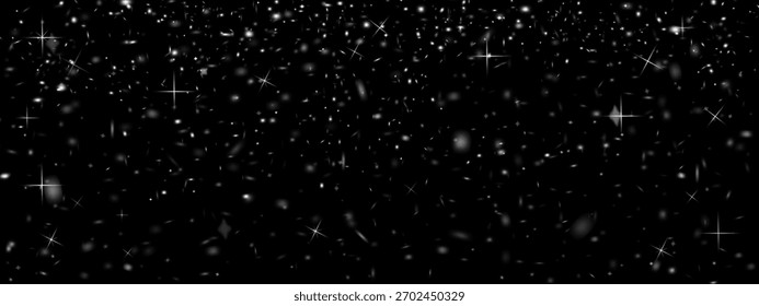 Fundo brilhante escuro com estrelas brancas brilhantes e partículas brilhantes.Vetor para desenhos mágicos, festivos, luxuosos, noturnos temáticos em publicidade,Apresentações,Projetos criativos digitais