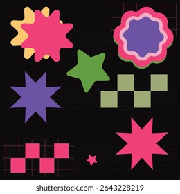 A dark, speckled background with various colorful, abstract geometric shapes including stars, irregular blobs, and checkered patterns