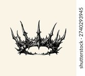Dark spiked thorn crown illustrated in detailed engraved line art. Sharp organic structure with gothic aesthetic, isolated on neutral background, ideal for tattoo, apparel, emblem, or graphic design projects.
