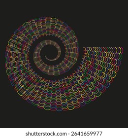 Dark spiral icon. Nautilus shell vector. Gradient swirl shape. Black background form.