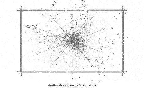 Salpicaduras oscuras y líneas sobre un fondo blanco con una textura afligida.